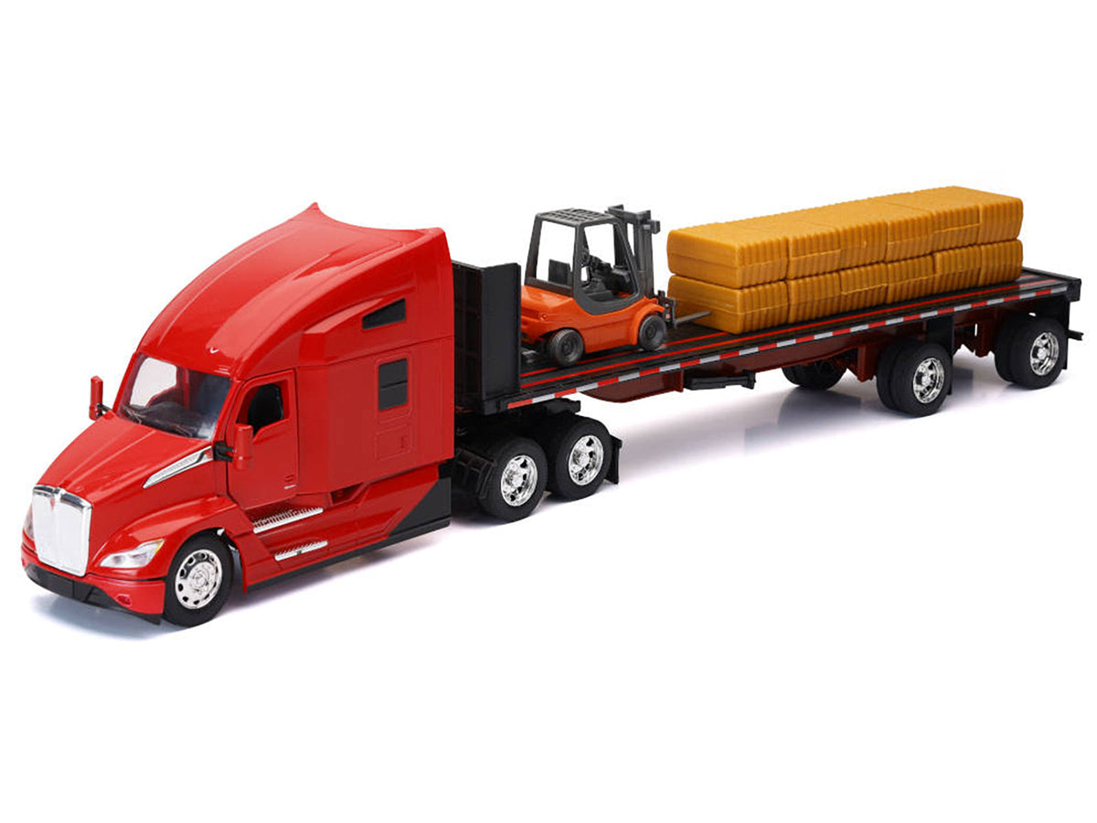 Rapid Vehicles Kenworth T680 Truck Red and Flatbed Trailer with Forklift and Hay Load "Long Haul...