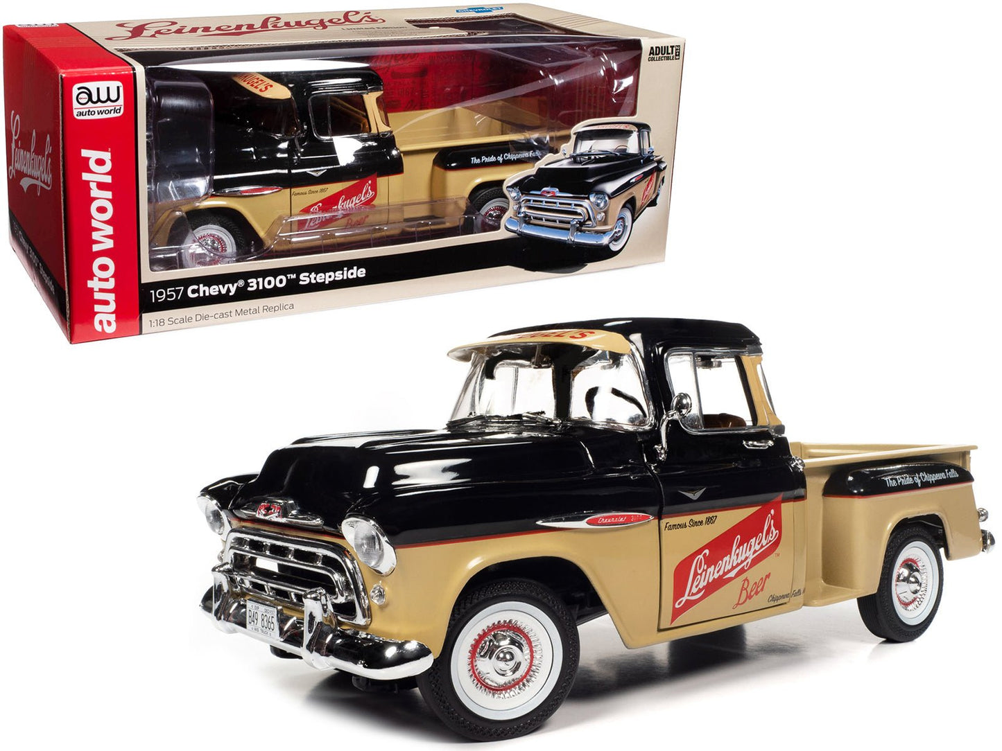 1957 Chevrolet 3100 Stepside Pickup Truck Black and Tan with Graphics "Leinenkugle's Beer The Pride of Chippewa Falls" 1/18 Diecast Model by Auto World free shipping USA