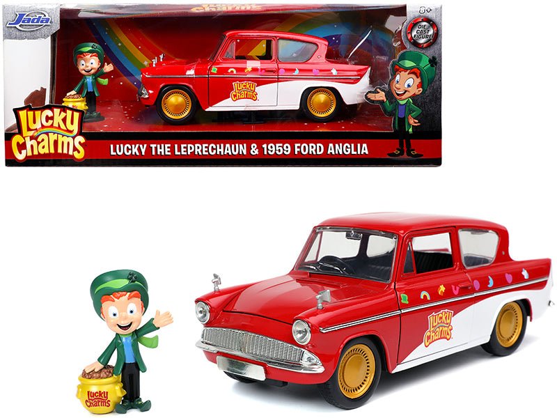 Rapid Vehicles 1959 Ford Anglia Red and White with Lucky the Leprechaun Diecast Figurine "Lucky...