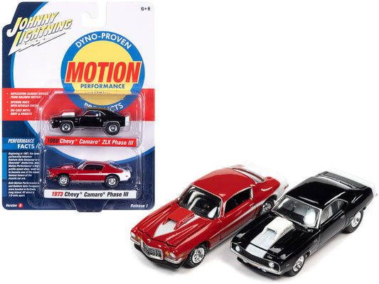 Rapid Vehicles 1969 Chevrolet Camaro ZLX Phase III Black with White Stripes and 1973 Chevrolet...