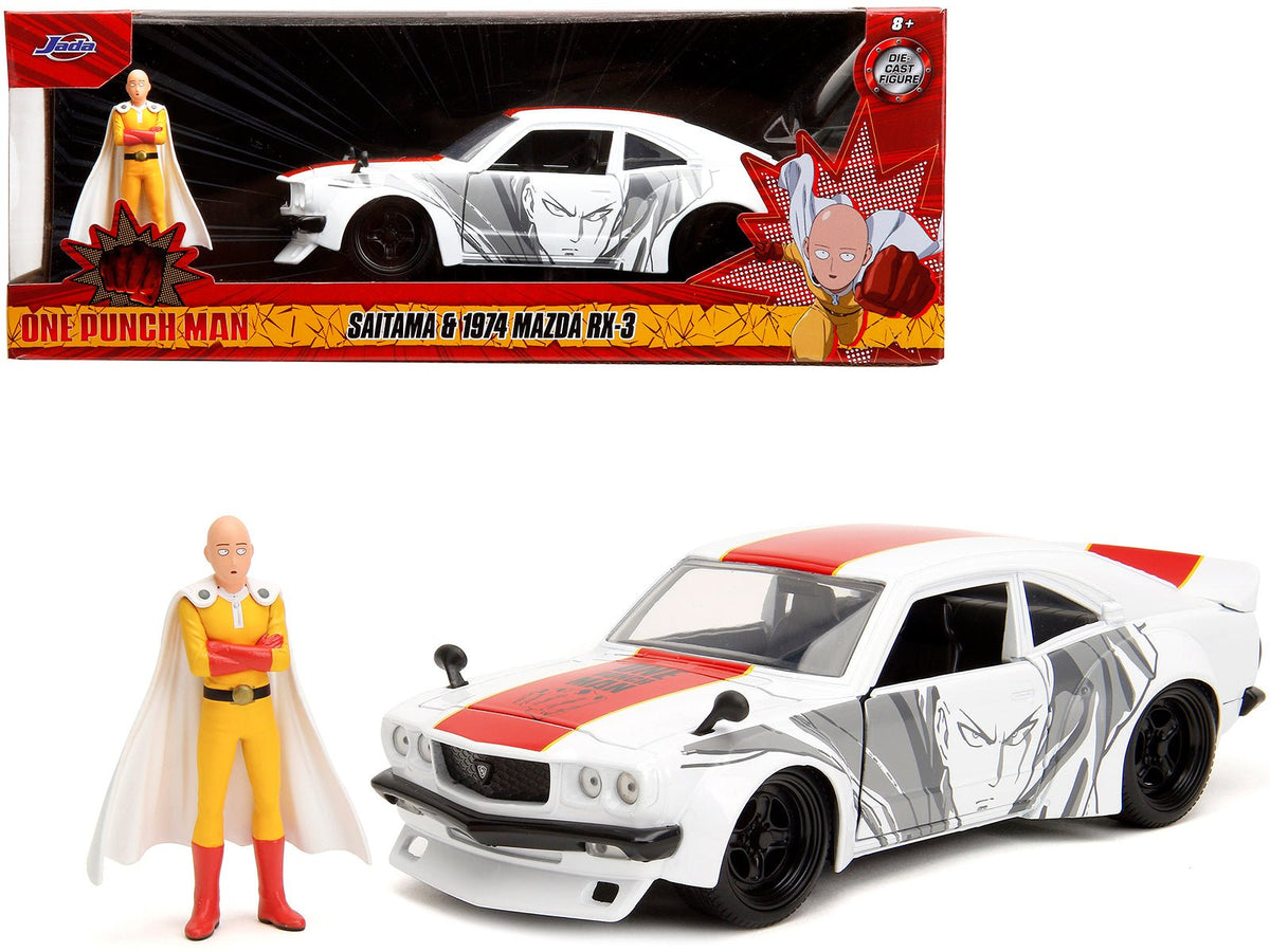 Rapid Vehicles 1974 Mazda RX-3 White with Red Stripe and Graphics and Saitama Diecast Figure "One...