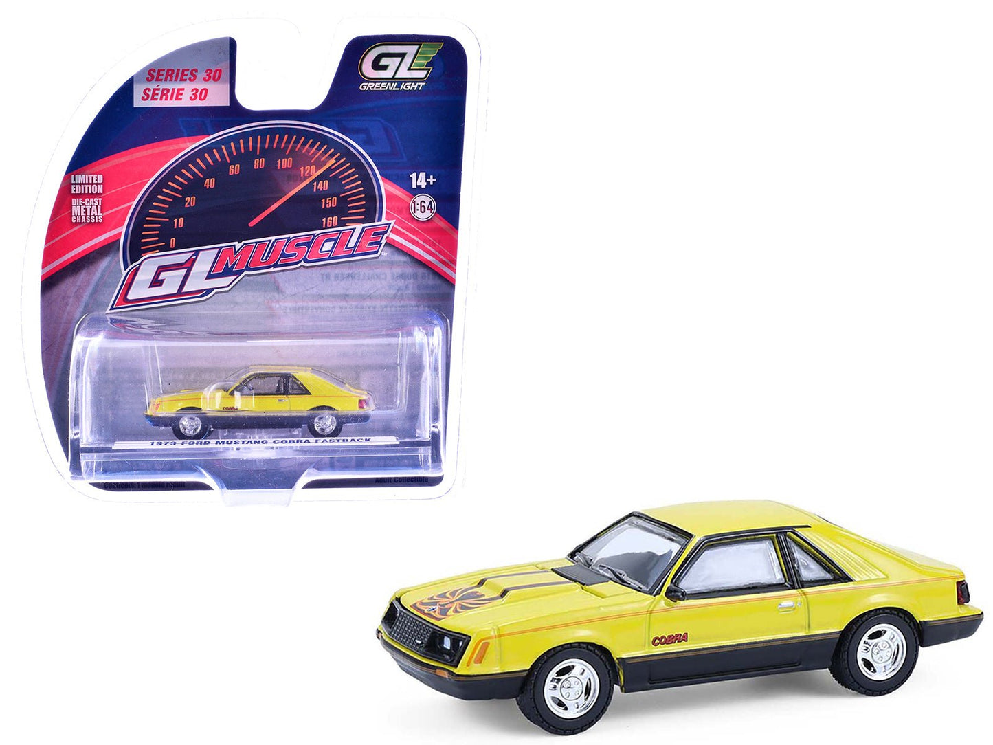 1979 Ford Mustang Cobra Fastback Bright Yellow with Cobra Good Graphics "GreenLight Muscle" Series 30 1/64 Diecast Model Car by Greenlight free shipping USA