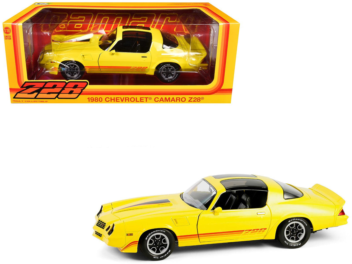 Rapid Vehicles 1980 Chevrolet Camaro Z28 with T-Tops Bright Yellow with Stripes 1/18 Diecast...