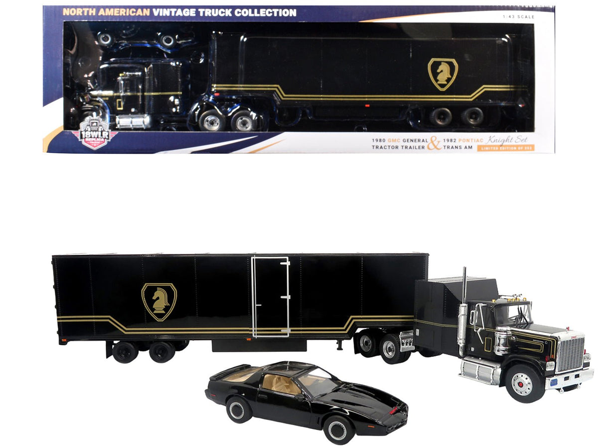 Rapid Vehicles 1980 GMC General Truck with Box Trailer Black with Gold Stripes and 1982 Pontiac...