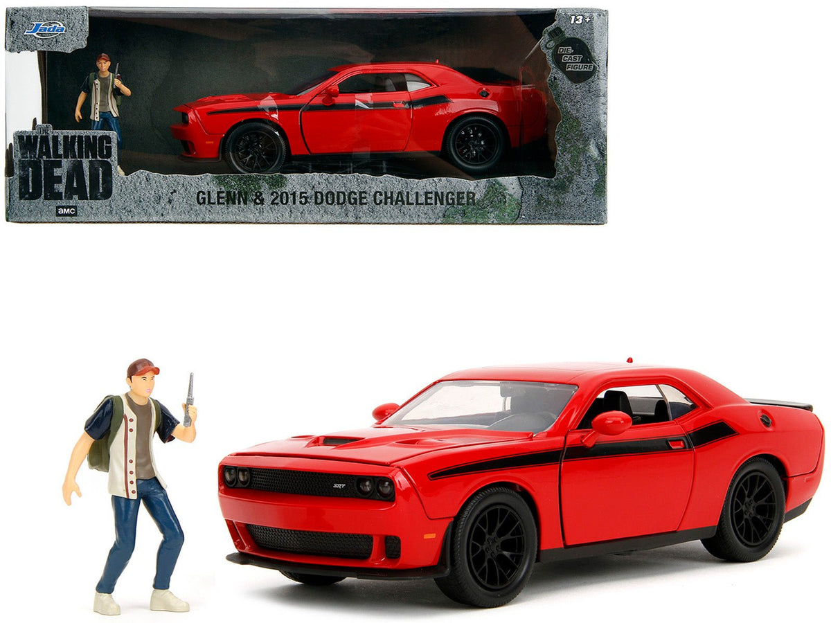 Rapid Vehicles 2015 Dodge Challenger Red with Black Stripes and Glenn Diecast Figure "The Walking...