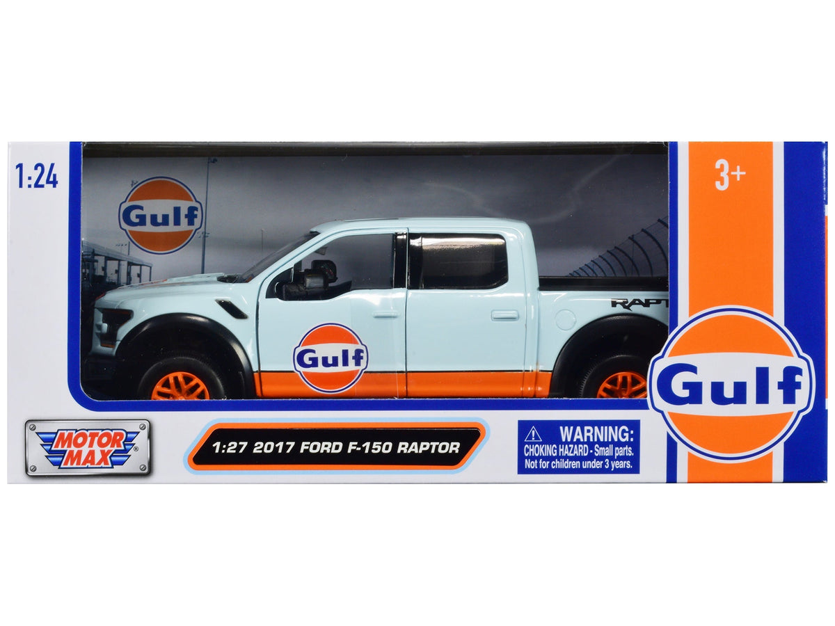 Rapid Vehicles 2017 Ford F-150 Raptor Pickup Truck Light Blue with Orange Stripes "Gulf Oil"...