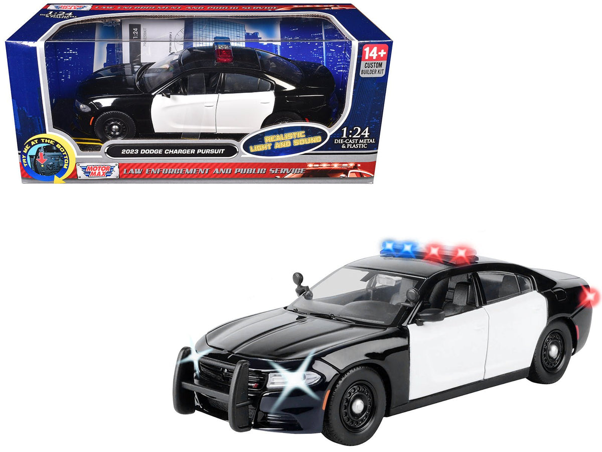 Rapid Vehicles 2023 Dodge Charger Pursuit Police Car Black and White with Flashing Light Bar...