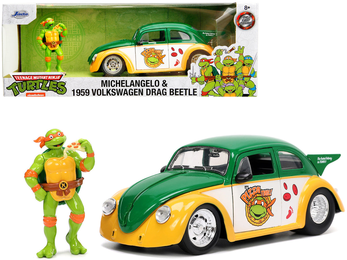 Rapid Vehicles 1959 Volkswagen Drag Beetle Green and Yellow and Michelangelo Diecast Figure...