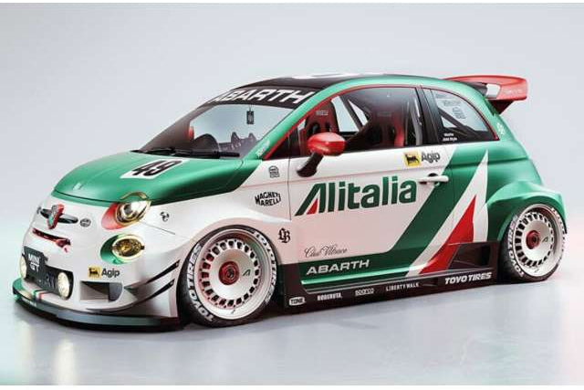 STM Diecast Solido 2025 Fiat 595 (500) Abarth Liberty Walk Rally Tributo Alitalia Green 1:18
