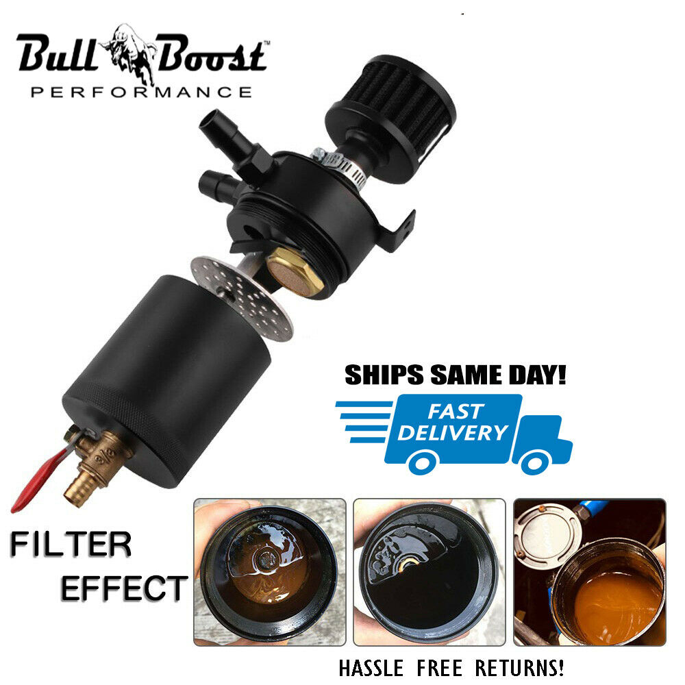 Black Aluminum Oil Catch Can Reservoir Tank Baffled Breather Kit 2-Port + Air Filter