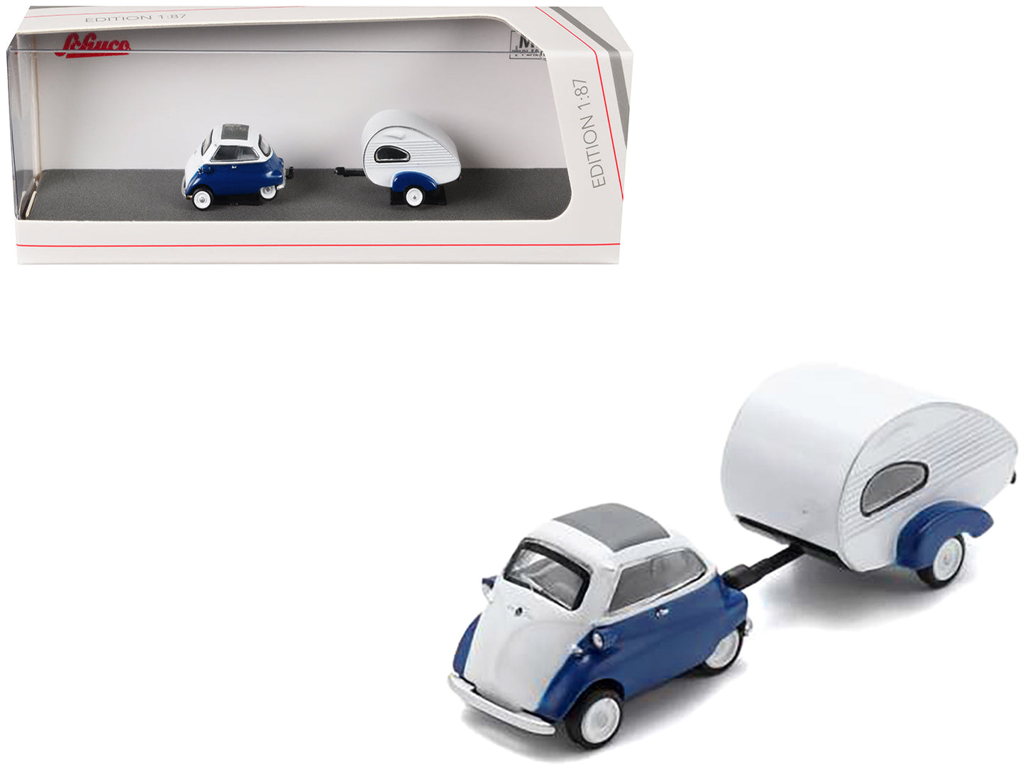 BMW Isetta Blue and White with Home Trailer 1/87 (HO) Diecast Model Car by Schuco free shipping USA