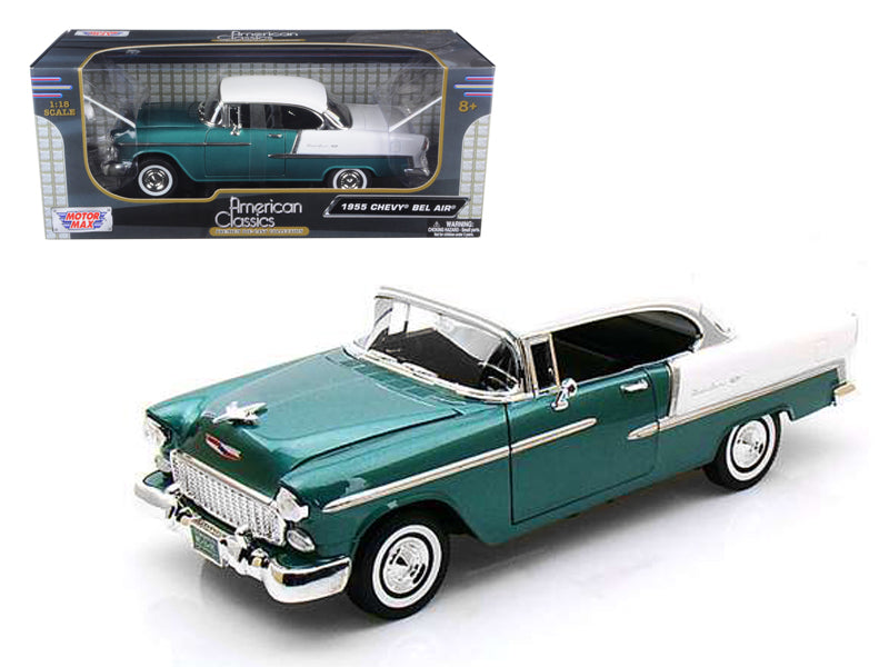 1955 Chevrolet Bel Air Hard Top Green Metallic and White 1/18 Diecast Model Car by Motormax free shipping USA