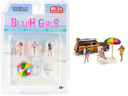 "Beach Girls" 5 piece Diecast Set (3 Figurines 1 Beach Chaise and 1 Beach Umbrella) for 1/64 Scale Models by American Diorama free shipping USA