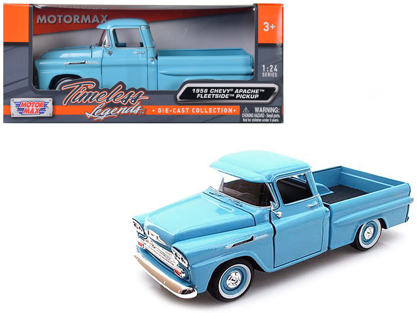 1958 Chevrolet Apache Fleetside Pickup Truck Light Blue 1/24 Diecast Model Car by Motormax free shipping USA