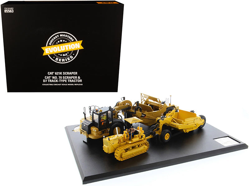 CAT Caterpillar 621K Tractor Scraper and CAT Caterpillar D7 Track-Type Tractor with No. 70 Scraper Set "Evolution Series" 1/50 Diecast Models by Diecast Masters free shipping USA