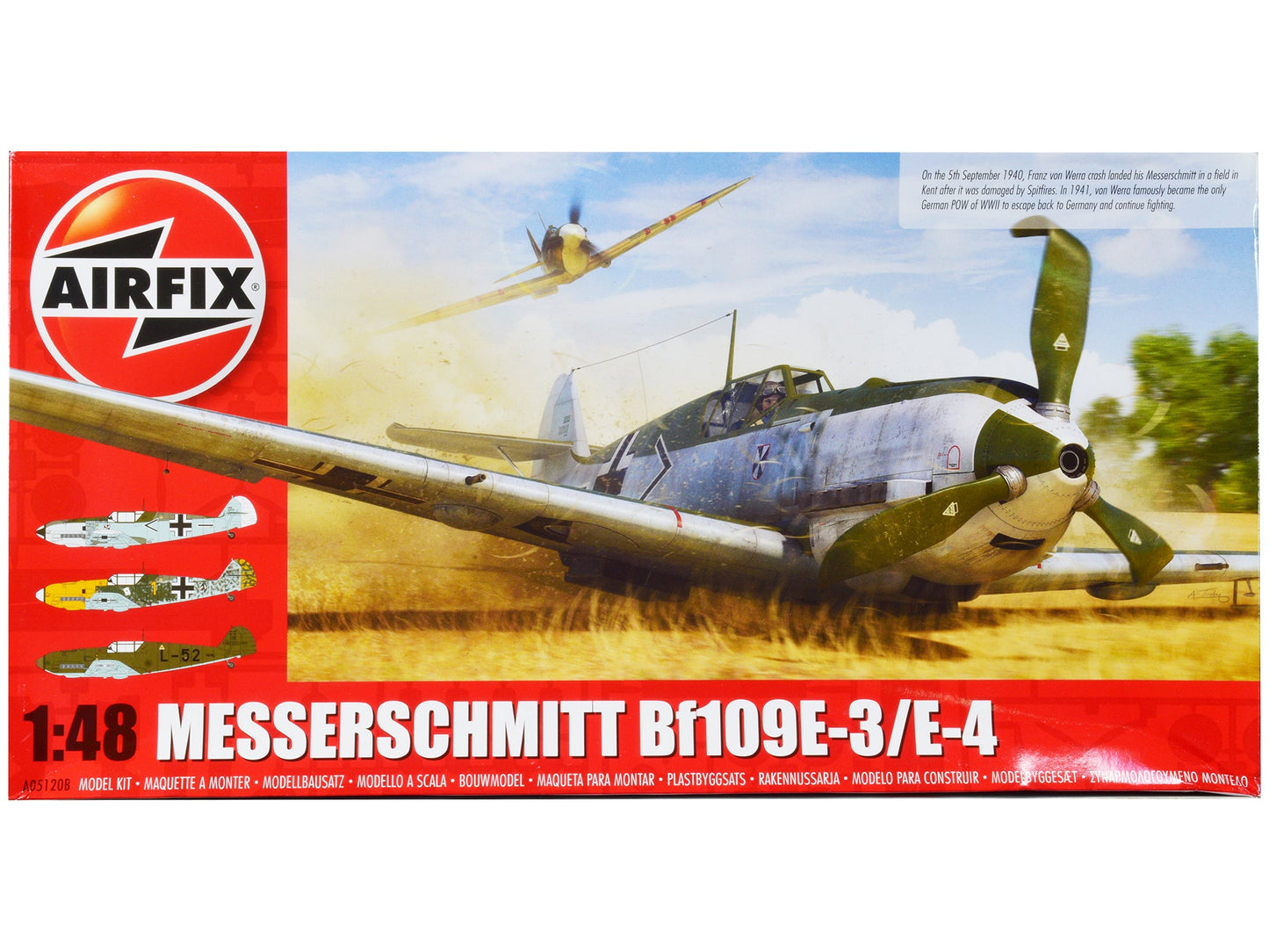 Level 2 Model Kit Messerschmitt Bf109E-3/E-4 Fighter Aircraft with 3 Scheme Options 1/48 Plastic Model Kit by Airfix free shipping USA