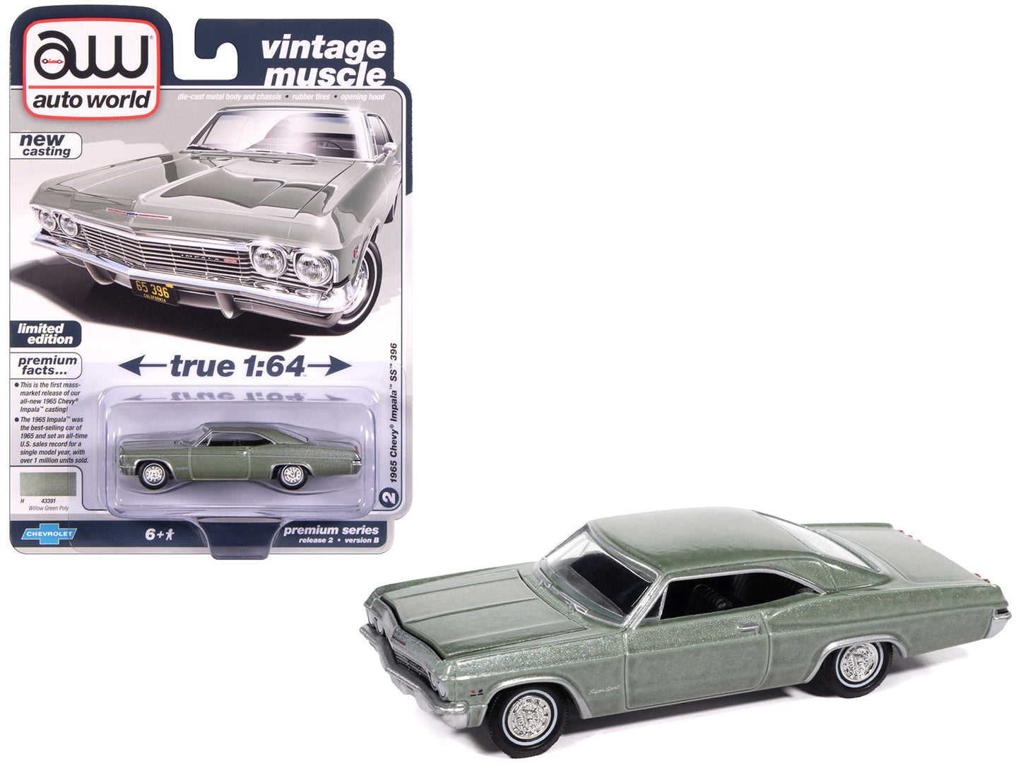 1965 Chevrolet Impala SS 396 Willow Green Metallic "Vintage Muscle" Series 1/64 Diecast Model Car by Auto World free shipping USA