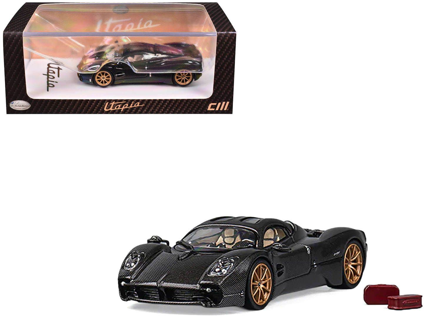 Pagani Utopia Full Carbon with Gold Wheels 1/64 Diecast Model Car by CM Model free shipping USA