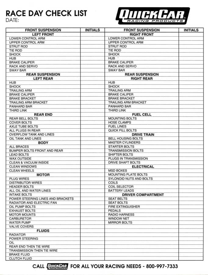 Race Day Check-List - 51237