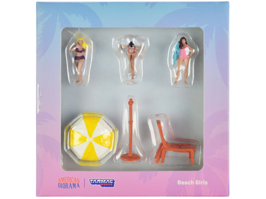 "Beach Girls" 5 piece Diecast Figure Set (3 Female Figures and 2 Beach Accessories) for 1/64 Scale Models by Tarmac Works & American Diorama free shipping USA