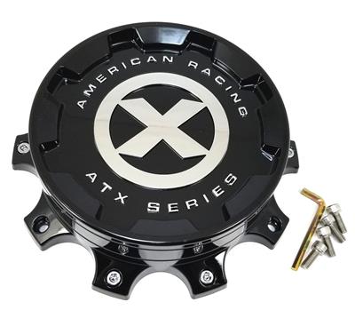 ATX Wheels Center Cap, Bolt-On, Flat, Plastic, Gloss Black, American Racing ATX Logo, Each - AO1900471GB
