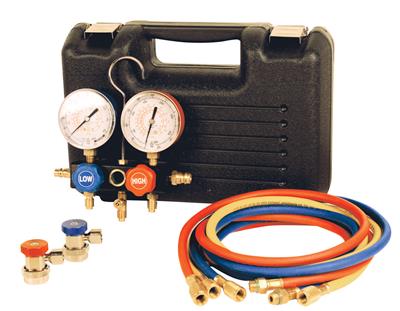 FJC Inc. R-134a heavy duty gauge set with 10' red and blue hoses, 8' yellow hose and 80mm gauges - 6799