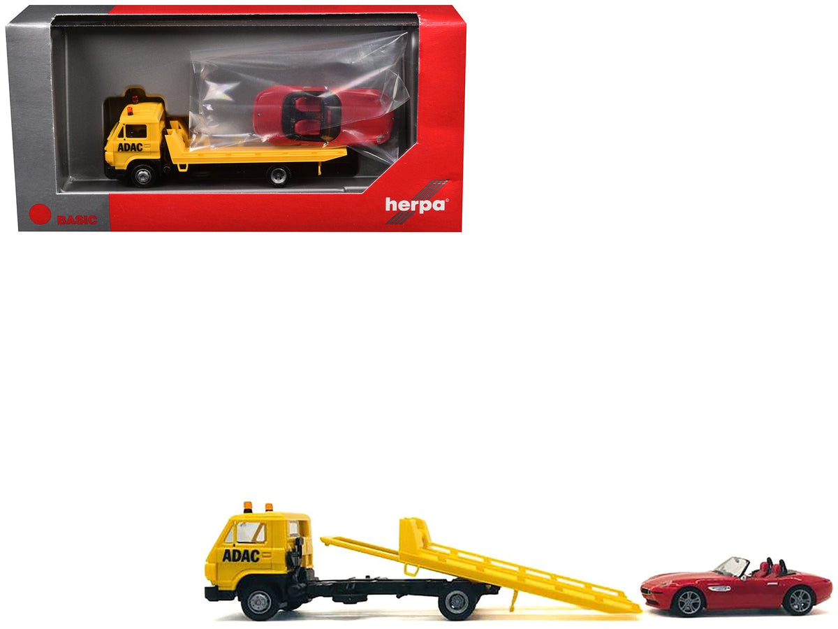 Rapid Vehicles Flatbed Tow Truck "ADAC" Yellow and BMW Z4 Convertible Red Set of 2 pieces 1/87...