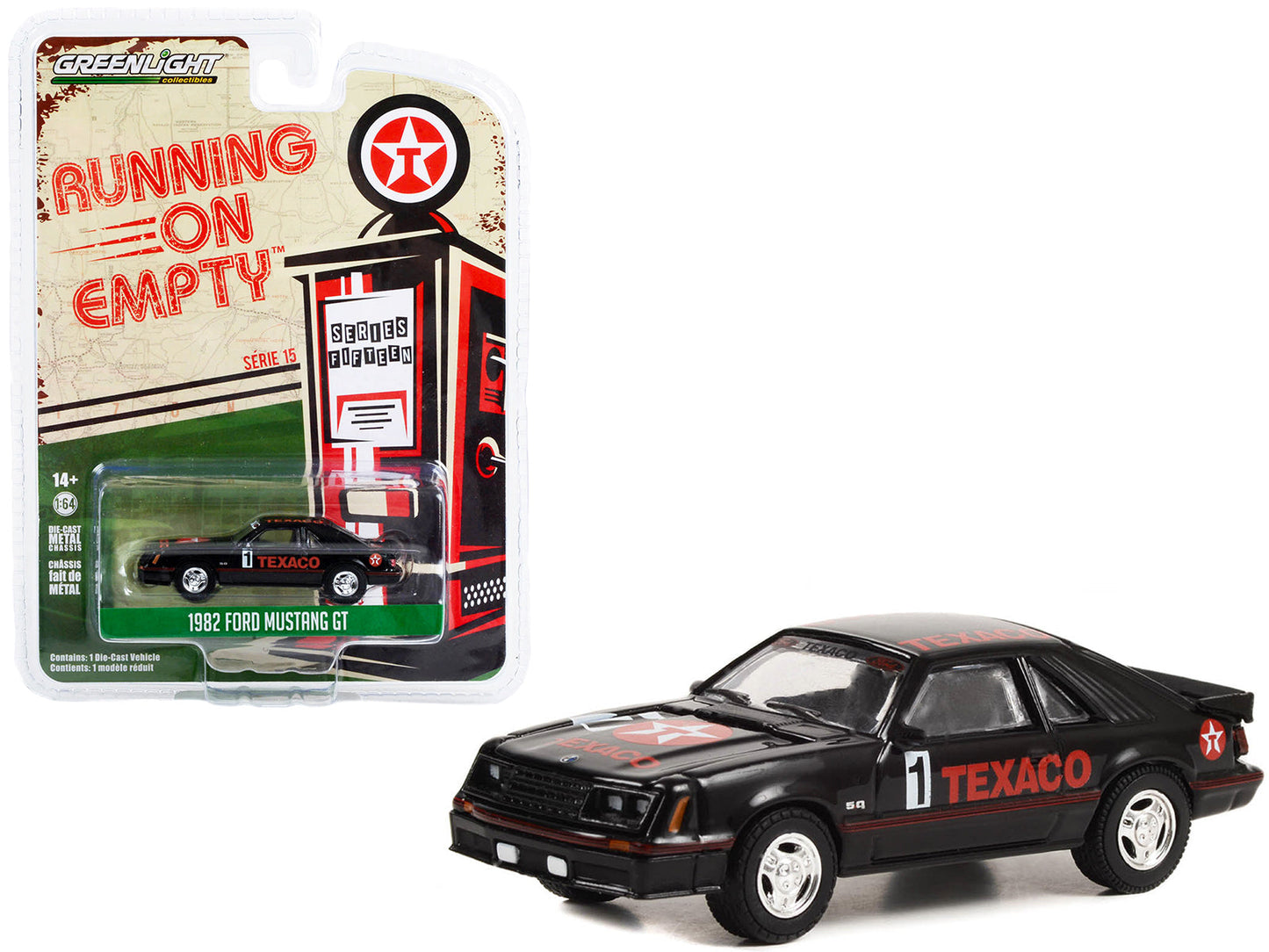 1982 Ford Mustang GT #1 Black "Texaco" "Running on Empty" Series 15 1/64 Diecast Model Car by Greenlight free shipping USA