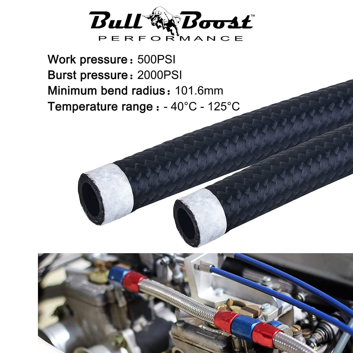 Bull Boost Performance Black Fuel Hose Oil Fuel Gas Line AN6-AN8-AN10 Nylon Braided / BUILD YOUR...