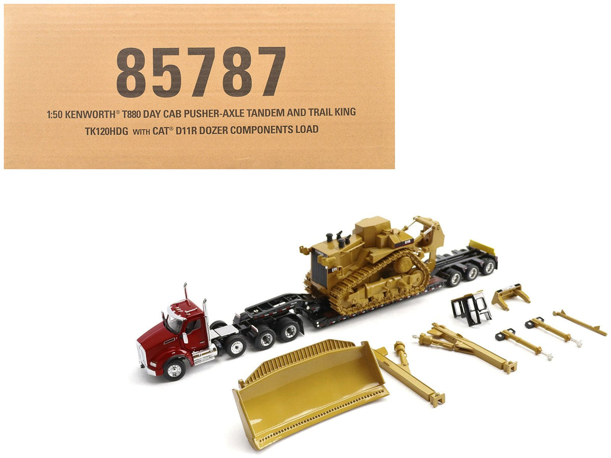 Rapid Vehicles Kenworth T880 Day Cab Red and Trail King TK120 Lowboy Trailer with CAT Caterpillar...