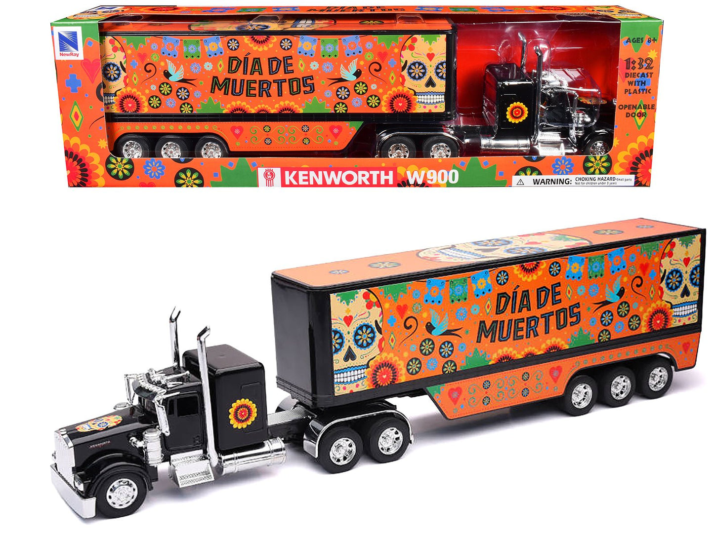 Kenworth W900 Truck Black with Graphics and Dry Van Trailer "Dia De Muertos" 1/32 Diecast Model by New Ray free shipping USA