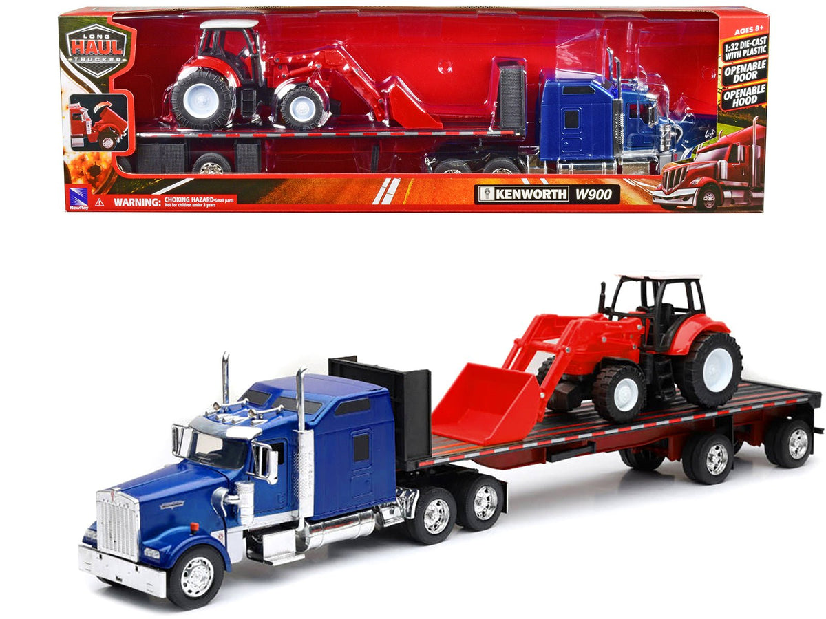 Rapid Vehicles Kenworth W900 Truck with Flatbed Trailer Blue Metallic with Farm Tractor Red "Long...