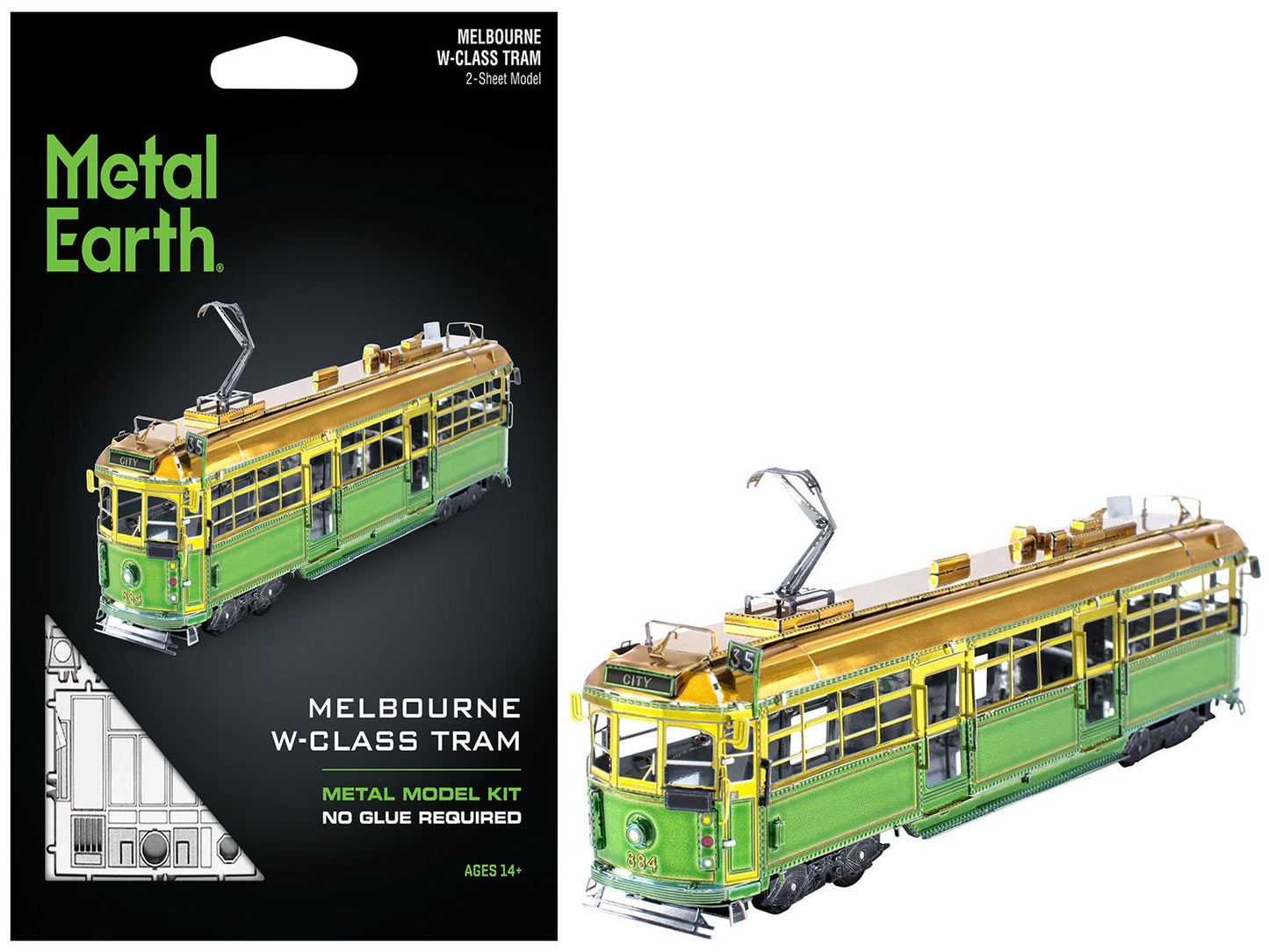 Model Kit Melbourne W-class Tram Green and Gold (Moderate Difficulty) Steel Model by Metal Earth free shipping USA