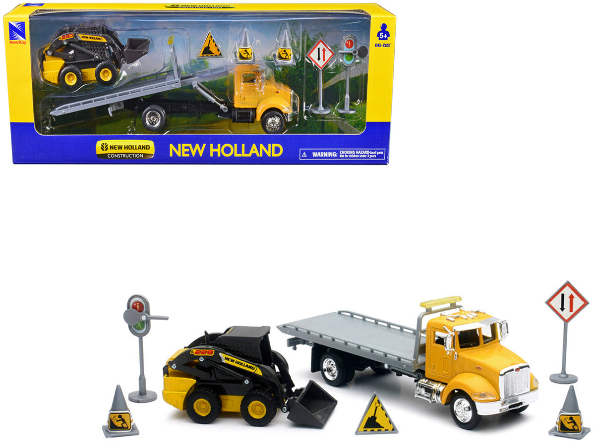 Rapid Vehicles Peterbilt Roll-Off Flatbed Truck Yellow and New Holland L228 Skid Steer Yellow...