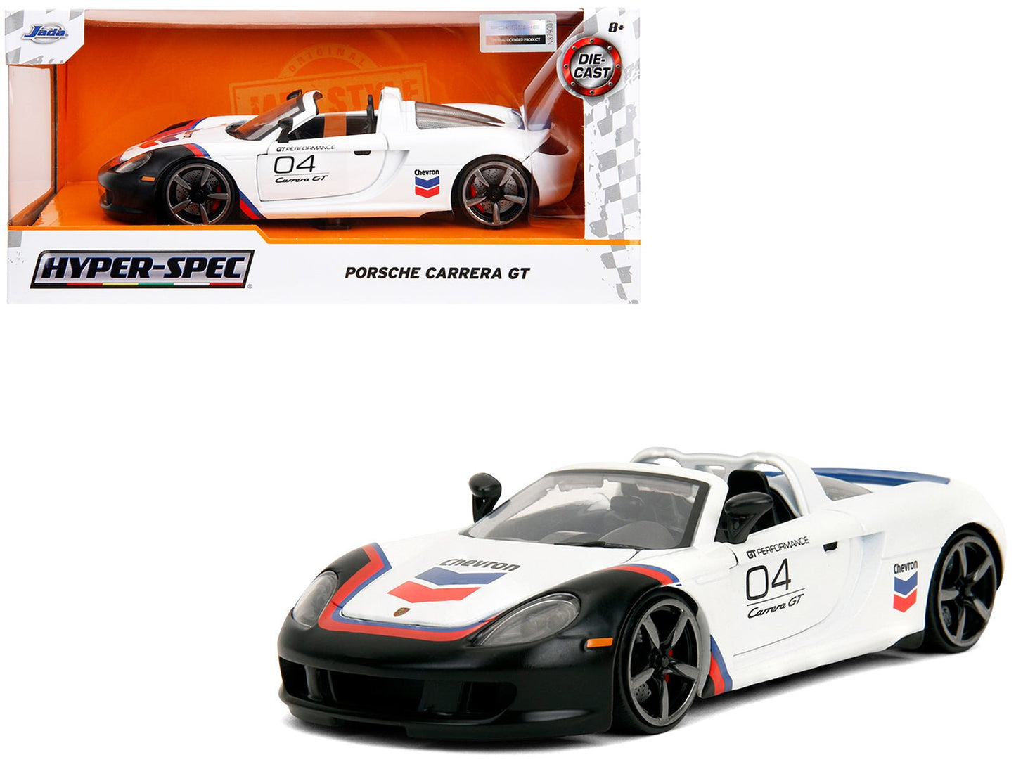Porsche Carrera GT Convertible #04 "Chevron" White with Graphics "Hyper-Spec" Series 1/24 Diecast Model Car by Jada free shipping USA