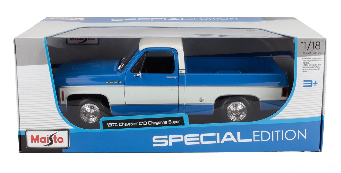Maisto 1974 Chevrolet C-10 Pickup Truck Cheyenne Super Blue and White 1:18