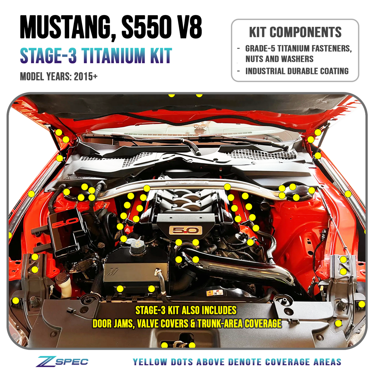 ZSPEC Stage-3 Dress Up Bolts® Fastener Kit for '15-23 Ford Mustang GT 5.0L S550, Titanium