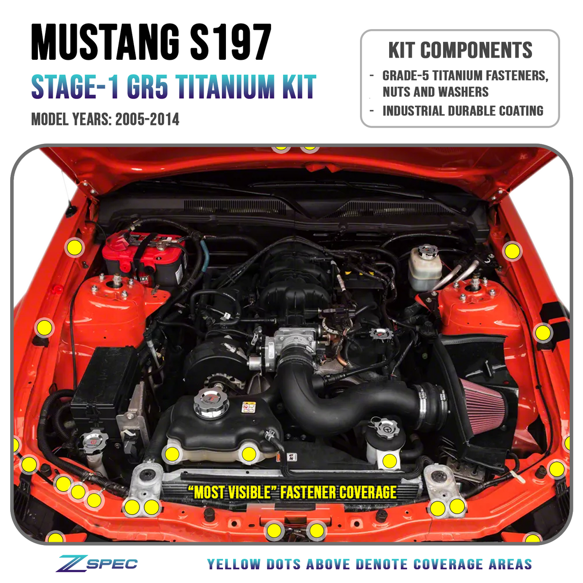 ZSPEC Stage-1 Dress-Up Bolts® Fastener Kit for Ford Mustang S197, Titanium