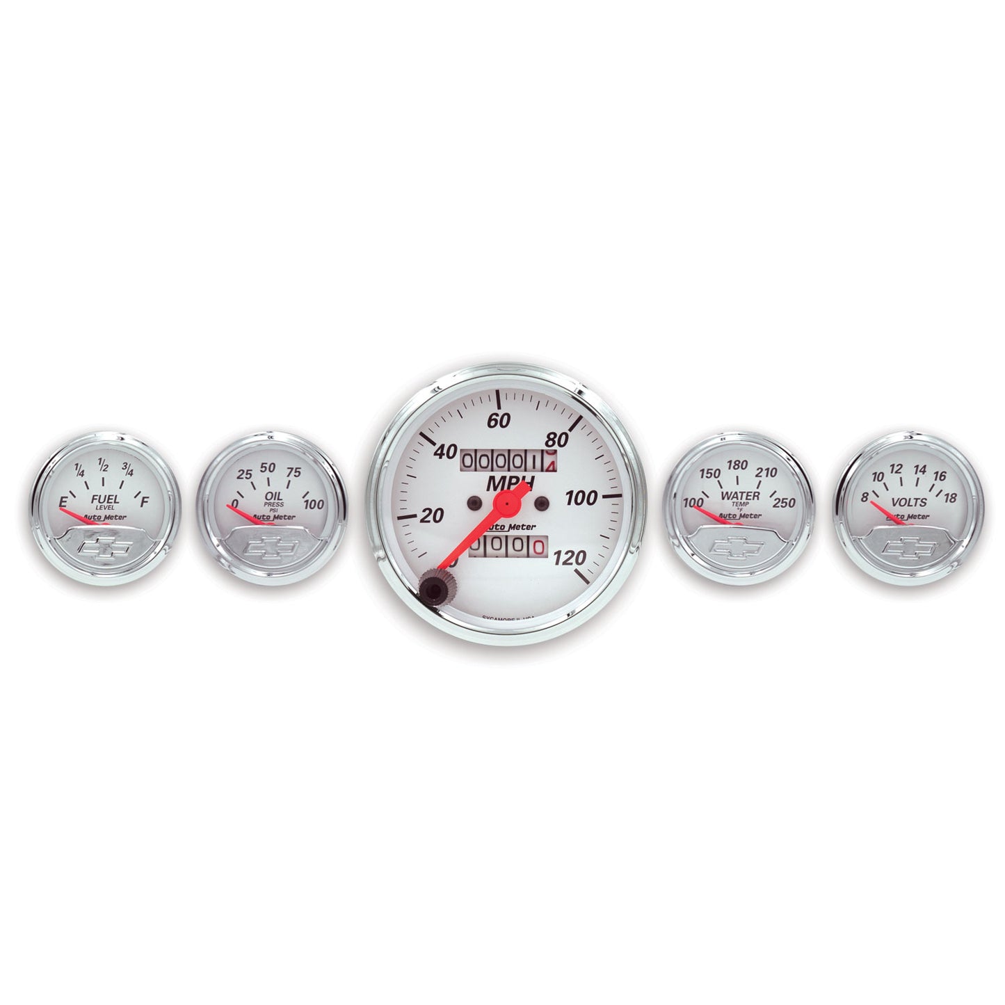 5 PC. GAUGE KIT 3-1/8 In. & 2-1/16 In. MECH. SPEEDO. CHEVROLET HERITAGE BOWTIE