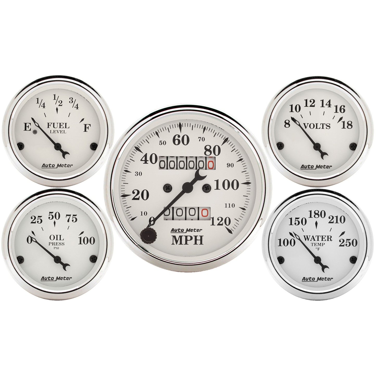 5 PC. GAUGE KIT 3-1/8 In. & 2-1/16 In. MECH. SPEEDOMETER OLD TYME WHITE