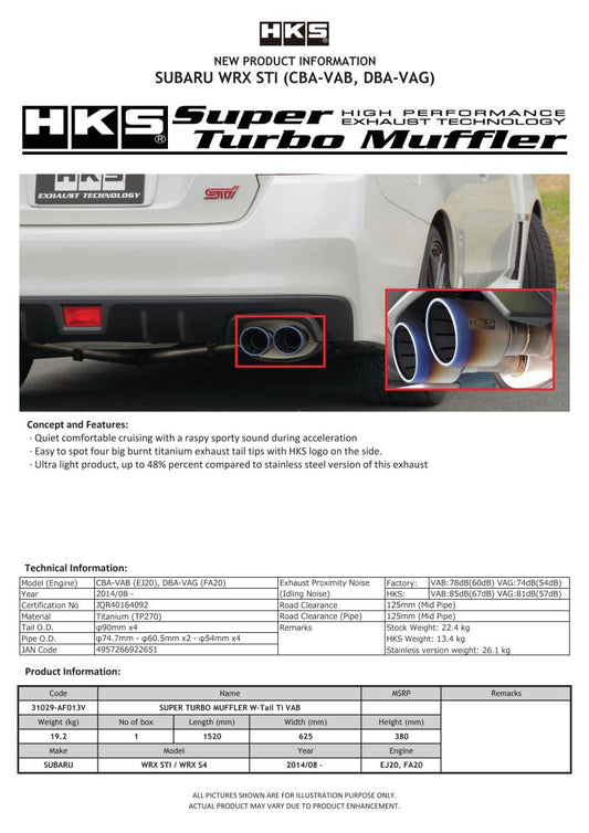 FR SPORT HKS Super Turbo Muffler Ti Subaru Vab Wrx Sti/Vag Wrx S4 31029-Af013V - View 2