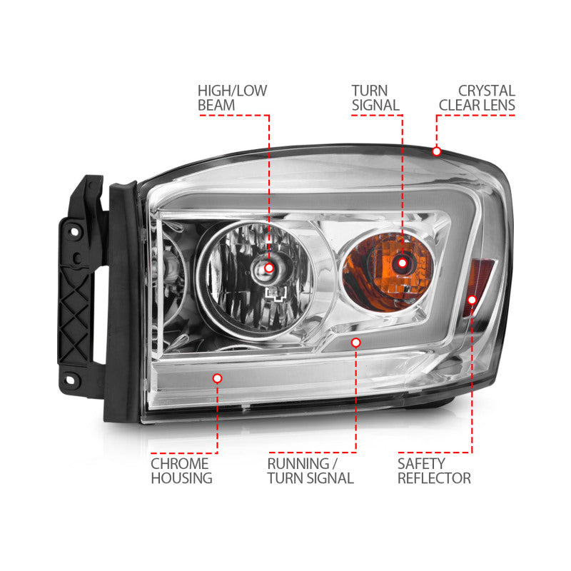 Anzo 06-09 Dodge RAM 1500/2500/3500 Headlights Chrome Housing/Clear Lens (w/ Light Bars) 111525