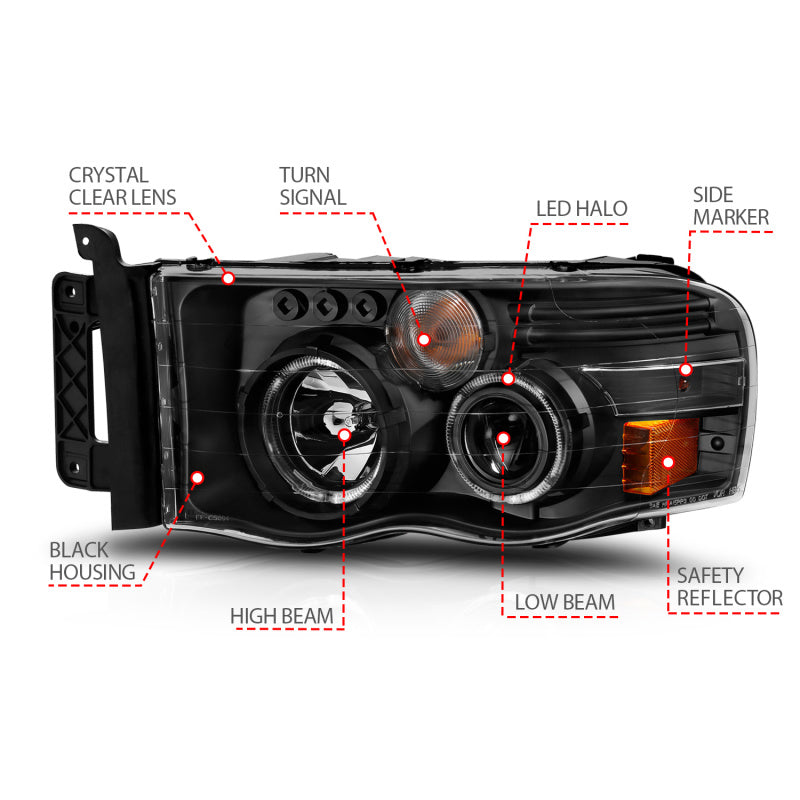 FR SPORT ANZO 2002-2005 Dodge Ram 1500 Projector Headlights w/ Halo Black Clear Amber 111490 -...
