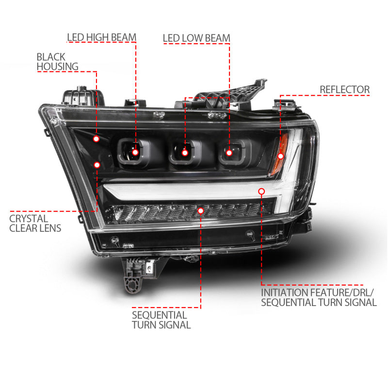 ANZO 19-24 RAM 1500 (New Body/OE Halogen) Full LED Proj Headlights DRL/SeqSig Black - Driver Side 111628A-L