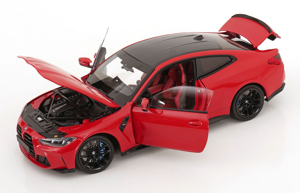 Minichamps 2024 BMW M4 Coupe (G82) w/ Black Carbon Roof Toronto Red Metallic 1:18