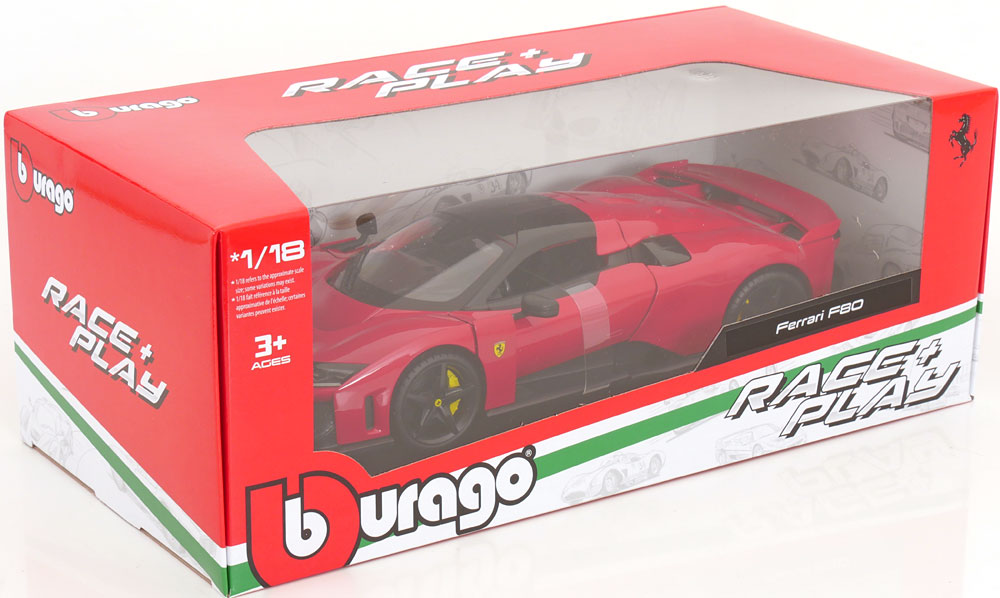 STM Diecast Bburago Race & Play 2024 Ferrari F80 Red (Rossa Corsa) w/ Carbon Wheels 1:18 - View 5