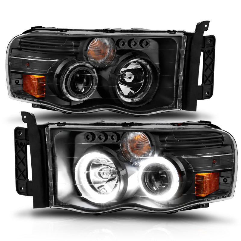 FR SPORT ANZO 2002-2005 Dodge Ram 1500 Projector Headlights w/ Halo Black Clear Amber 111490 -...