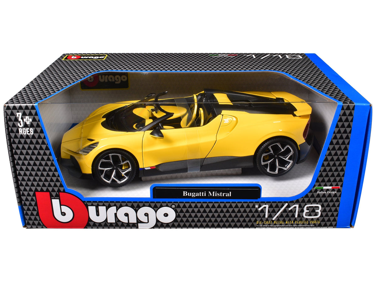 Rapid Vehicles Bugatti Mistral Yellow with Carbon Accents 1/18 Diecast Model Car by Bburago  free...