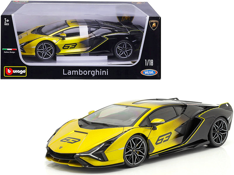 Rapid Vehicles Lamborghini Sian FKP 37 #63 Yellow Metallic and Black 1/18 Diecast Model Car by...
