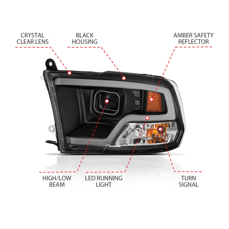 Anzo Dodge Ram 09-18 Projector Plank Style Headlight w/Halo Black Clear